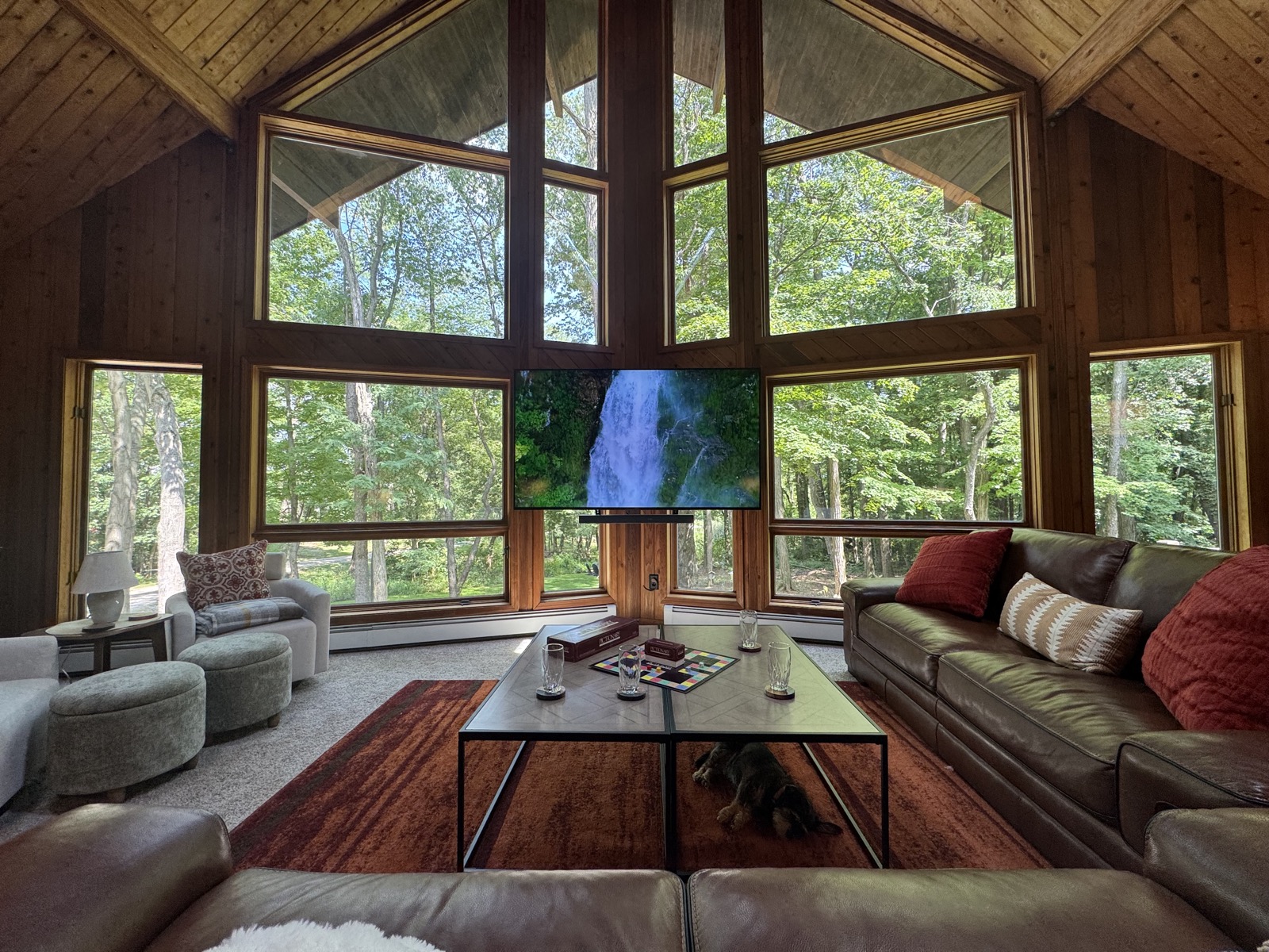 Great room with wooded views