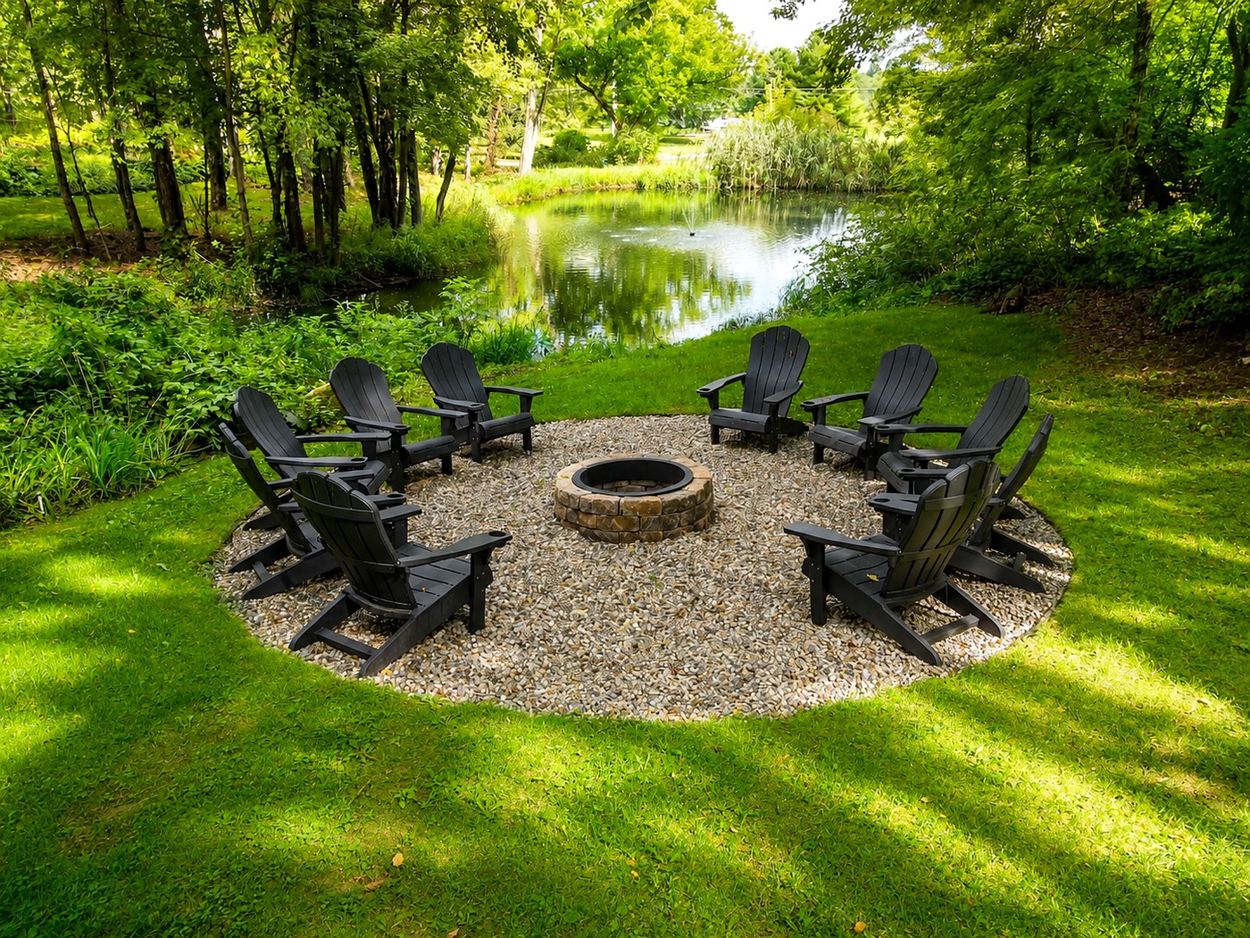 Pond-side fire pit with Adirondack chairs